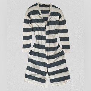 Caroline Grace Striped Gray and Cream Cotton Cashemire Mininalist Cardigan M